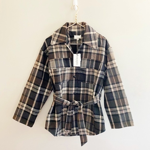 Divine Heritage XS NWT Wool Blend Plaid Check Belted Tie Waist Work Shirt Jacket - Picture 3 of 14